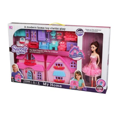 صورة بيت دمى للأطفال مع أثاث وإكسسوارات