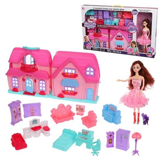 صورة بيت دمى للأطفال مع أثاث وإكسسوارات