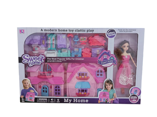 صورة بيت دمى للأطفال مع أثاث وإكسسوارات