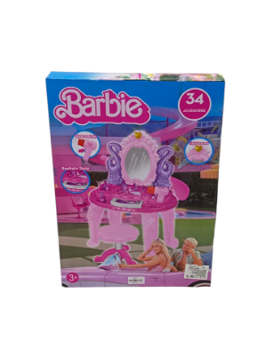 صورة طاولة زينة باربي مع إكسسوارات تتضمن طاولة زينة بتصميم باربي مع مرآة وكرسي  مناسب لعمر 3 سنوات فما فوق