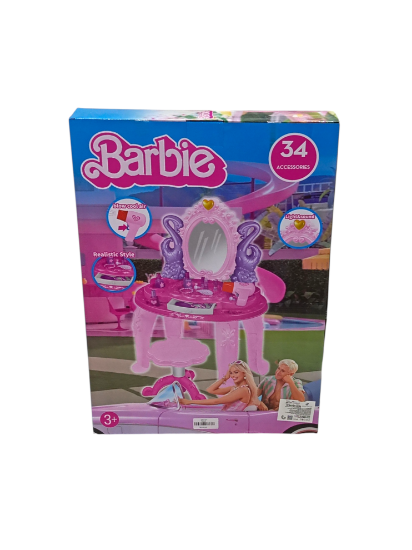 صورة طاولة زينة باربي مع إكسسوارات تتضمن طاولة زينة بتصميم باربي مع مرآة وكرسي  مناسب لعمر 3 سنوات فما فوق