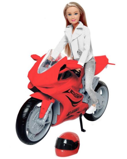 صورة دمية باربي مع دراجة نارية ، مخصصة للأطفال بعمر 3 سنوات فما فوق. تجسد الدمية روح المغامرة والحرية، وهي جاهزة للانطلاق في رحلات مثيرة واستكشاف آفاق جديدة على دراجتها النارية الأنيقة
