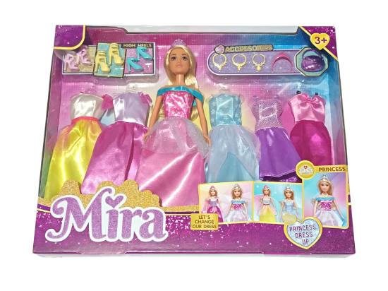 صورة دمية أميرة "ميرا" تأتي مع مجموعة متنوعة من الفساتين والإكسسوارات لتغيير إطلالتها