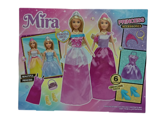 صورة دمية أميرة "ميرا" تأتي مع مجموعة متنوعة من الفساتين والإكسسوارات لتغيير إطلالتها