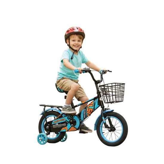 صورة دراجة أطفال  مقاس 12إنش– تصميم رياضي بجنوط أسيام ، رفارف أمامية وخلفية، فرامل يدوية، سلة امامية ومقعد خلفي