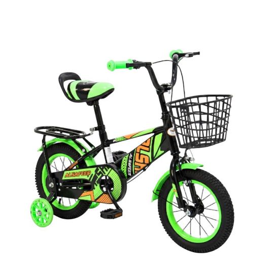 صورة دراجة أطفال  اخضر مقاس 12إنش– تصميم رياضي بجنوط أسيام ، رفارف أمامية وخلفية، فرامل يدوية، سلة امامية ومقعد خلفي