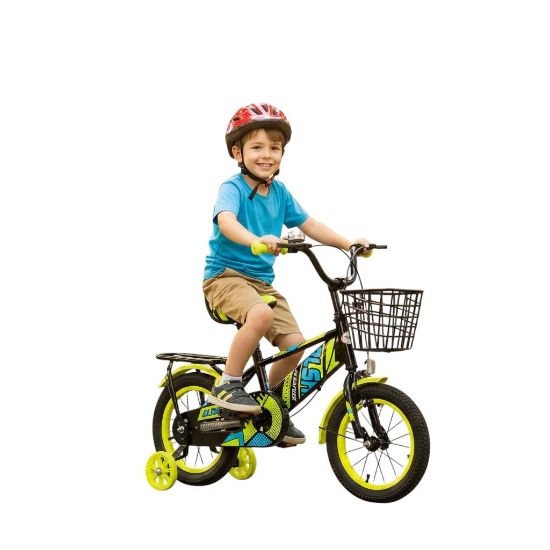 صورة دراجة أطفال  اخضر مقاس 12إنش– تصميم رياضي بجنوط أسيام ، رفارف أمامية وخلفية، فرامل يدوية، سلة امامية ومقعد خلفي