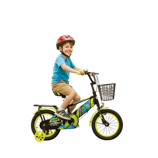 صورة دراجة أطفال  اخضر مقاس 12إنش– تصميم رياضي بجنوط أسيام ، رفارف أمامية وخلفية، فرامل يدوية، سلة امامية ومقعد خلفي