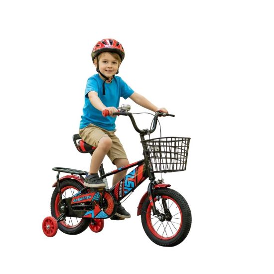 صورة دراجة أطفال مقاس 12إنش– تصميم رياضي بجنوط أسيام ، رفارف أمامية وخلفية، فرامل يدوية، سلة امامية ومقعد خلفي