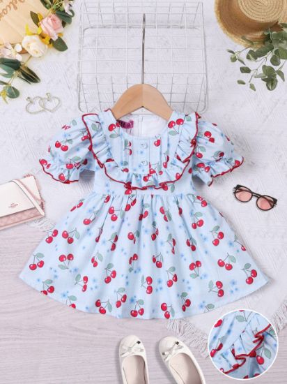 صورة فستان بناتي صيفي بطبعة كرز وكشكش أمامي – موديل 10