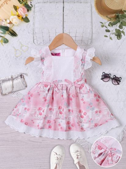 صورة فستان بناتي صيفي مزهر بياقة دانتيل وكشكش كتف – موديل 11