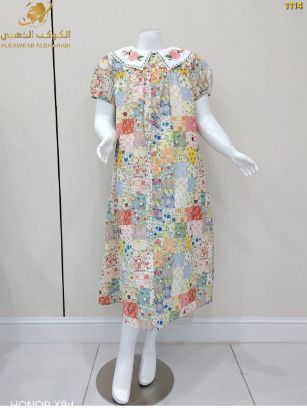 صورة فستان بناتي صيفي بنقشة مربعات ملونة وياقة مطرزة – موديل 1114