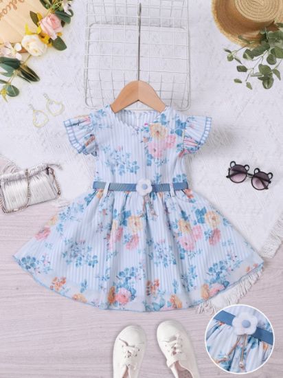 صورة فستان بناتي صيفي مزهر بخطوط ناعمة وحزام مزين – موديل 16