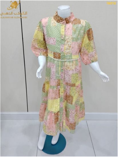 صورة فستان بناتي صيفي بطبعة مربعات ملونة وحزام خفيف – موديل 16012