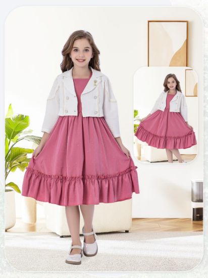 صورة فستان بناتي صيفي وردي مع جاكيت أبيض – موديل 17