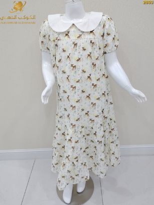 صورة فستان بناتي صيفي مزين بنقشة غزلان وياقة بيضاء – موديل 2803