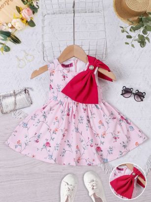 صورة فستان بناتي صيفي مزهر بشريطة عنابية – موديل 3