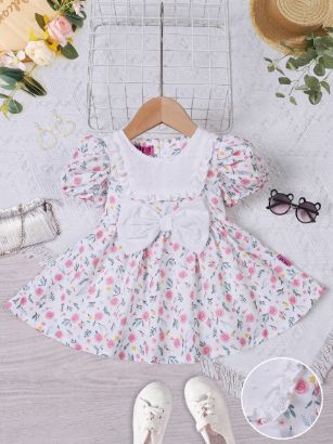 صورة فستان بناتي صيفي مزهر بياقة دانتيل وشريطة أنيقة – موديل 6