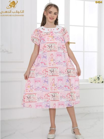 صورة فستان بناتي صيفي بطبعة شخصيات وأكمام منتفخة – موديل 6404