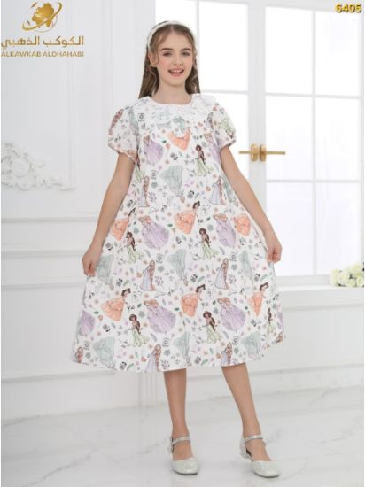 صورة فستان بناتي صيفي بطبعة أميرات وياقة مطرزة – موديل 6405