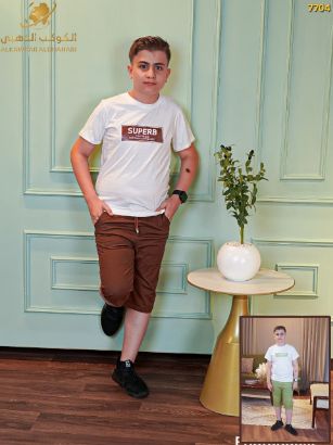 صورة طقم أولاد صيفي بطبعة SUPERB وشورت مريح – موديل 7704