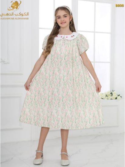 صورة فستان بناتي صيفي بطبعة زهور وياقة بيضاء – موديل 8808