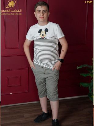 صورة طقم أولاد صيفي بطبعة ميكي ماوس مخطّط – موديل L1101