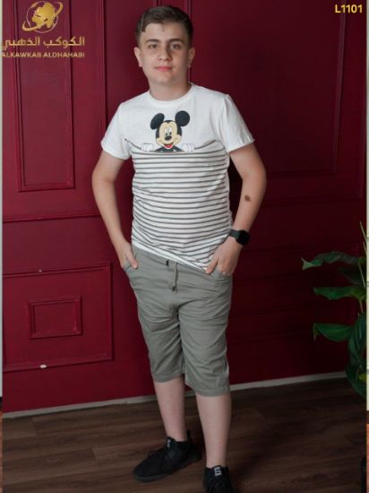 صورة طقم أولاد صيفي بطبعة ميكي ماوس مخطّط – موديل L1101