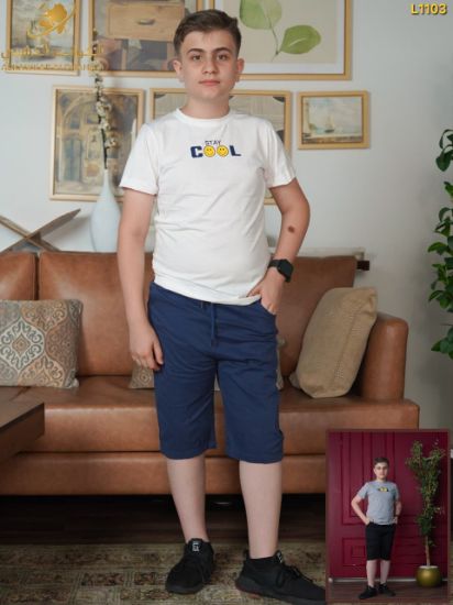 صورة طقم أولاد صيفي بطبعة STAY COOL وشورت مريح – موديل L1103