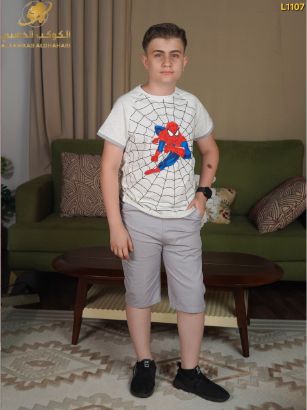 صورة طقم أولاد صيفي بطبعة سبايدرمان وشورت مريح – موديل L1107