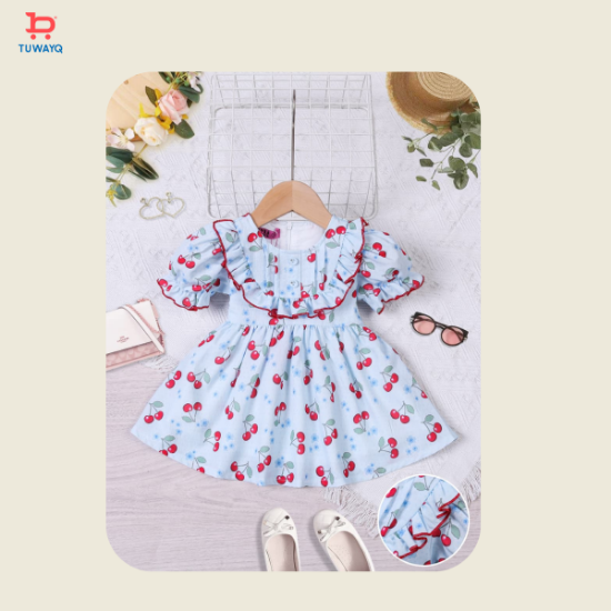 صورة فستان بناتي صيفي بطبعة كرز وكشكش أمامي – موديل 10