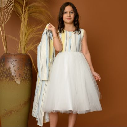 صورة فستان بناتي سهرة مخطط مع جاكيت - 825