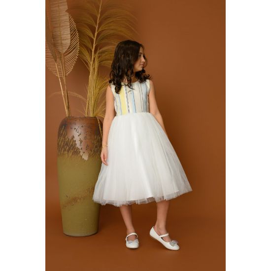 صورة فستان بناتي سهرة مخطط مع جاكيت - 825