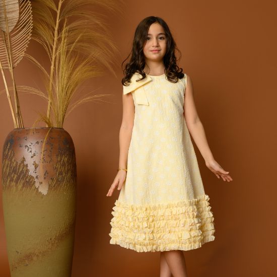 صورة فستان بناتي أصفر بكشكش وفيونكة - 731