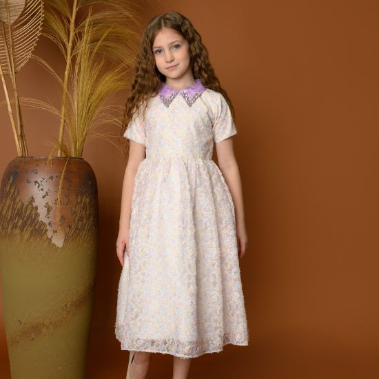 صورة فستان بناتي فاخر بنقوش أنيقة وياقة مزينة - 777