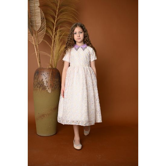 صورة فستان بناتي فاخر بنقوش أنيقة وياقة مزينة - 777