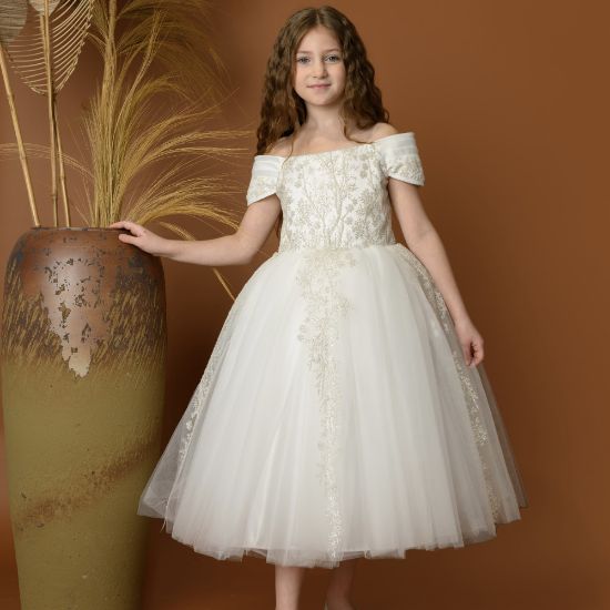 صورة فستان بناتي سهرة أبيض بتصميم منفوش - M3607