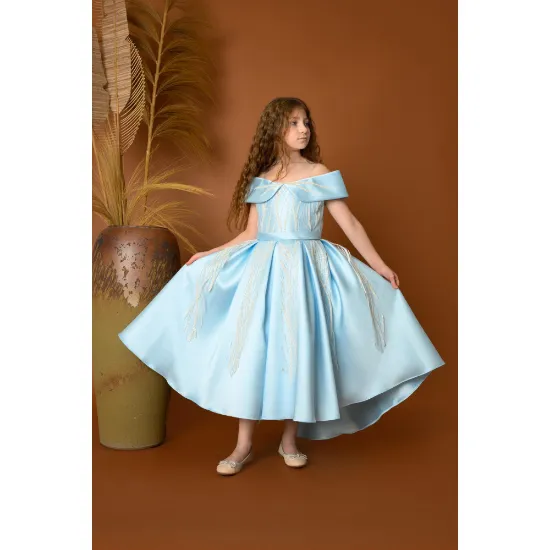 صورة فستان بناتي سهرة 3 الوان بأكتاف مكشوفة بتصميم ملكي - M3609