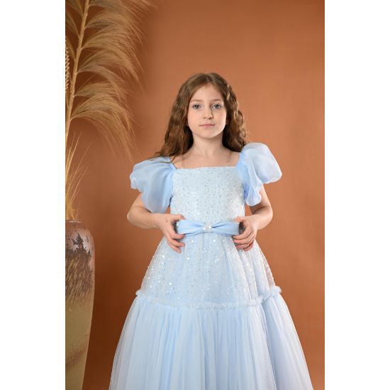 صورة فستان بناتي سهرة لونين منفوش بلمسات براقة