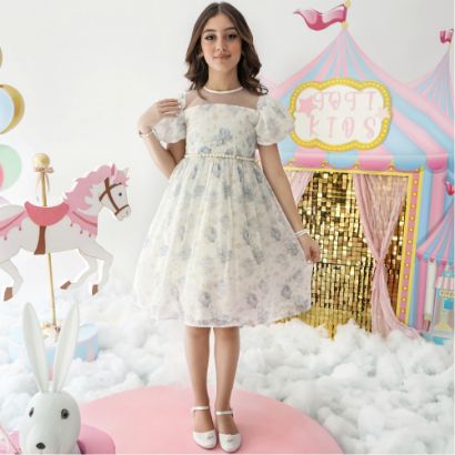 صورة فستان بناتي أورجانزا مورد | قطعة من سماء الصيف - M3704