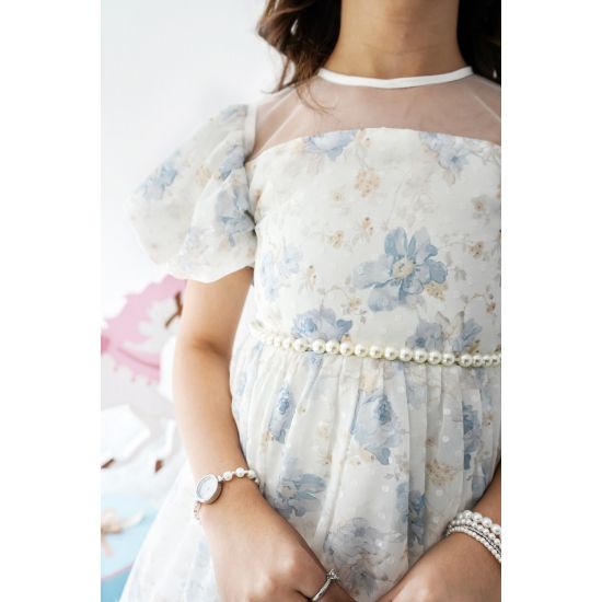 صورة فستان بناتي أورجانزا مورد | قطعة من سماء الصيف - M3704
