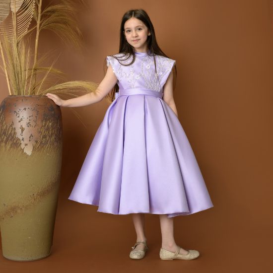 صورة فستان بناتي سهرة 4 الوان بتصميم منفوش وتطريز ناعم - M3604