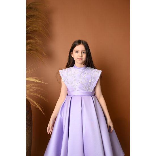 صورة فستان بناتي سهرة 4 الوان بتصميم منفوش وتطريز ناعم - M3604