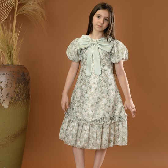 صورة فستان بناتي مع فيونكة كبيرة وأكمام منفوشة - M3556