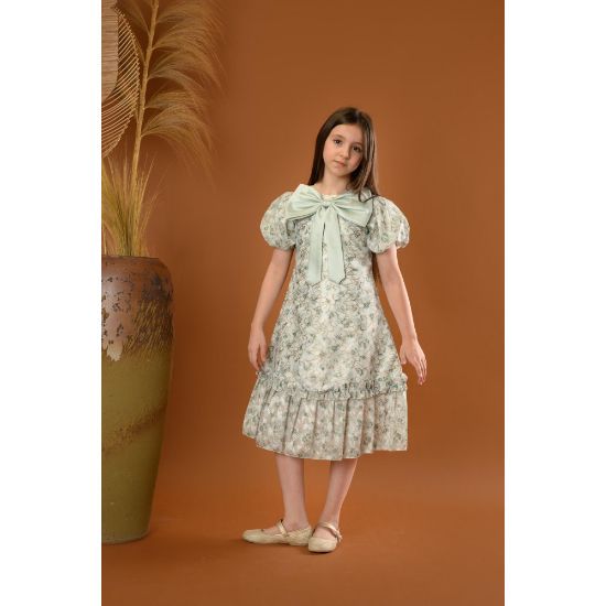 صورة فستان بناتي مع فيونكة كبيرة وأكمام منفوشة - M3556