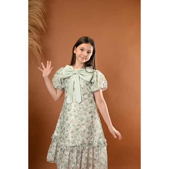 صورة فستان بناتي مع فيونكة كبيرة وأكمام منفوشة - M3556