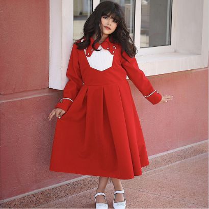 صورة فستان بناتي مخمل أحمر بياقة مرصعة | فستان شتوي كلاسيكي - M3776