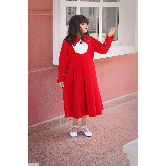 صورة فستان بناتي مخمل أحمر بياقة مرصعة | فستان شتوي كلاسيكي - M3776