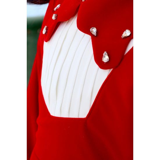 صورة فستان بناتي مخمل أحمر بياقة مرصعة | فستان شتوي كلاسيكي - M3776