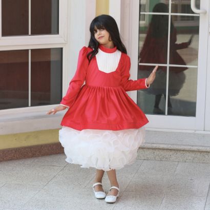 صورة فستان بناتي أحمر وتنورة كب كيك | فستان شتوي للحفلات - M3775